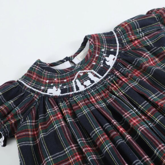 Navy Tartan Nativity Scene Smocked Dress - Picture 4 of 6